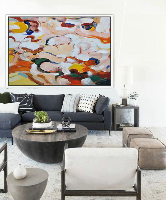 Handmade Extra Large Contemporary Painting,Oversized Horizontal Contemporary Art,Hand Painted Original Art,White,Pink,Yellow,Red,Blue.etc